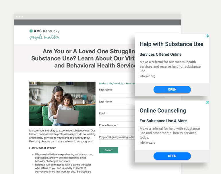 screenshot of a keyword-optimized landing page developed for KVC's virtual therapy information