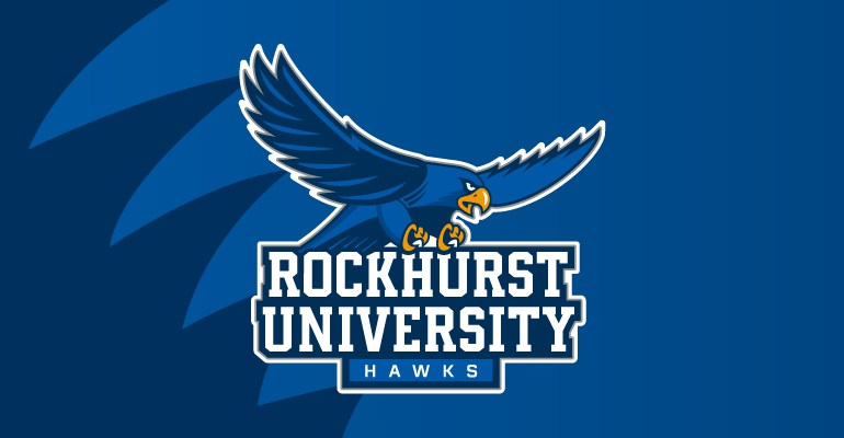 Rockhurst Athletics' new hawk logo sits on a blue background.